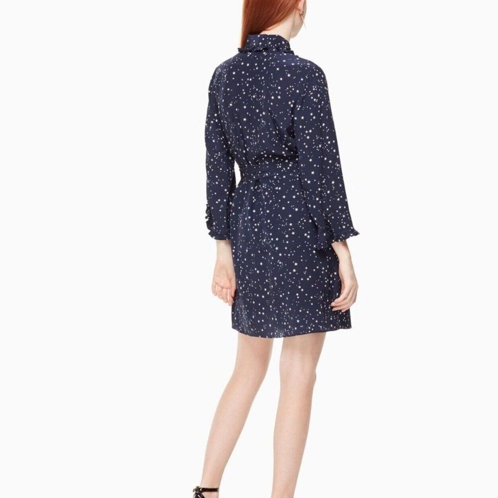 Kate Spade Womens Silk Navy Blue Star 3/4 Sleeve Ruffle Mini Dress Sz XS - Picture 2 of 11